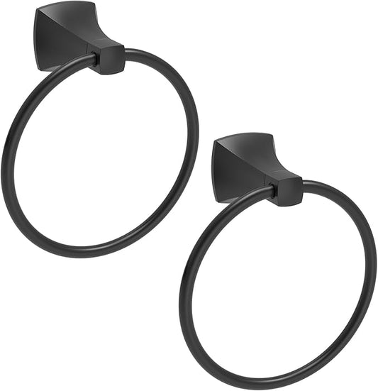 Hand Towel Holder for Bathroom Matte Black Towel Ring Stainless Steel and Zinc Alloy Towel Hanger Wall Mount for Bath, Kitchen, 2 Pack