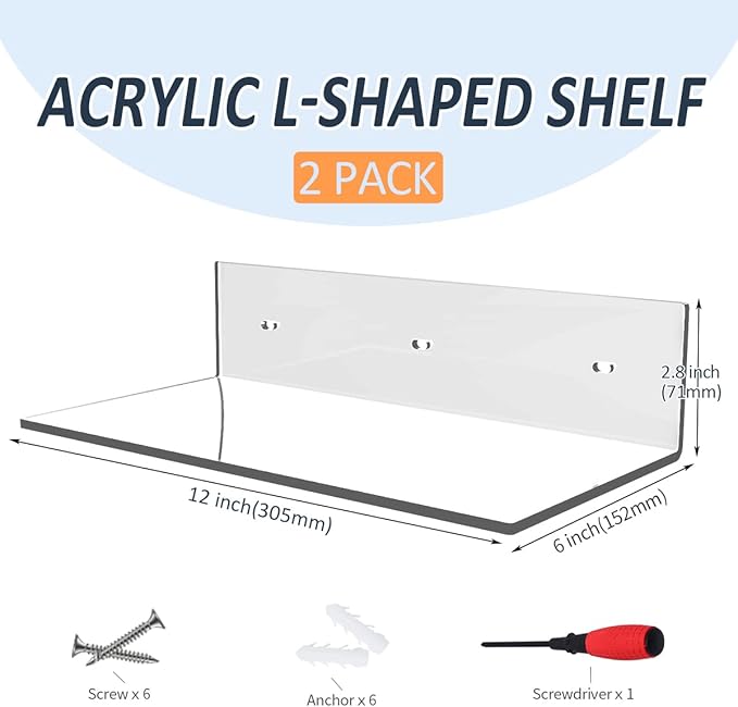 12 Inches Acrylic Wall Shelves 2 Pack, Floating Shelf for Wall Mounting, Acrylic Display Ledges for Funko Pop Figures, Home Décor, Living Room, Gaming Room, Plants(12 inch, Clear)-NeatNest