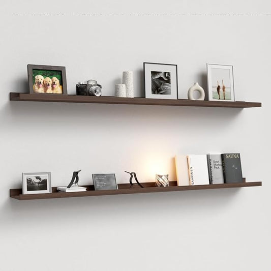 55.1 Inches Long Floating Shelves Wall Mounted, 2 Set Rustic Wall Shelf for Bedroom, Nursery Book Shelf with Lip, Picture Ledge Shelf for Wall Decor Living Room Bathroom Kitchen - Walnut-NeatNest