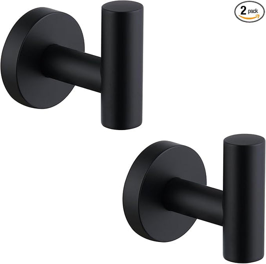 APLusee Matte Black Round Coat Hook 2 Pack, 304 Stainless Steel Bathroom Towel Hook, Wall Mounted