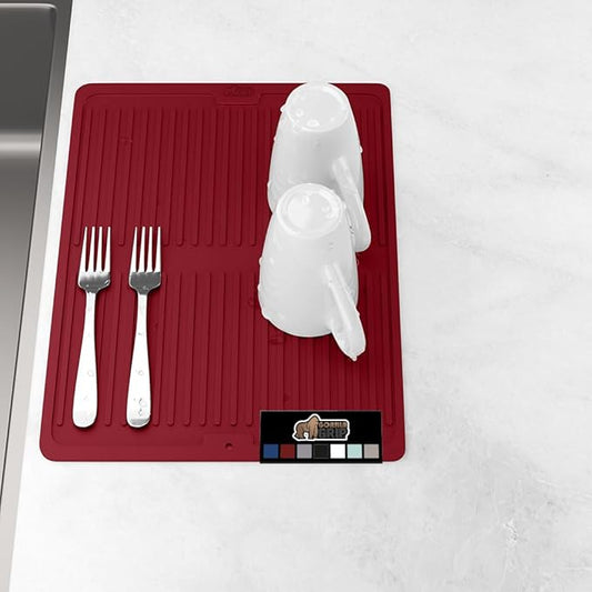 GORILLA GRIP 100% BPA-Free Patented Silicone Dish Drying Mat for Kitchen Counter, Water Catching Ribbed Design, Easy Clean Waterproof Sink Liner, Heat Resistant, Fits Under Rack, 13x11 Inch, Red
