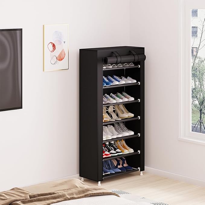 Calmootey 7 Tier Shoe Rack Organizer,Portable Shoe Shelf with Nonwoven Fabric Cover for Closet Hallway,Bedroom,Entryway,Black-NeatNest