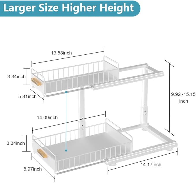 Under Sink Organizer, Pull Out Kitchen Cabinet Organizer, 2-Tier Metal Under Sink Organizers and Storage Height-Adjustable, Kitchen Bathroom Organizers and Storage Shelves, White-NeatNest