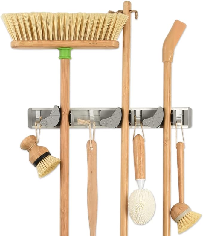 windson Mop Broom Holder Wall Mount-Adjustable Mop Broom Closet Organizer Racks for Kitchen, Garage, Home Tools Storage(3 Slots with 4 Hooks)