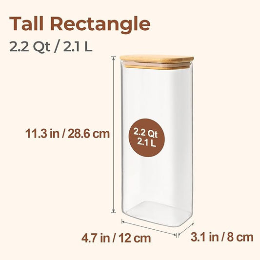 ComSaf 2.2 Qt Rectangle Glass Storage Containers with Lids, Glass Jars with Bamboo Lids, Clear Food Storage Jar, Tall Spaghetti Container, Pantry Storage Container for Pasta Flour Oats Nuts Rice-NeatNest