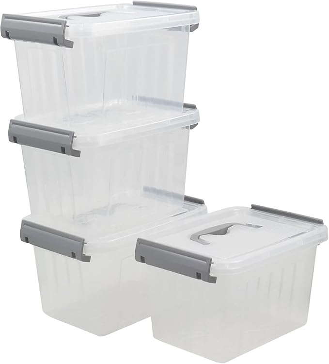 Hespama 3.5 Quart Small Storage Bin, Plastic Latching Box with Lid, 4 Packs