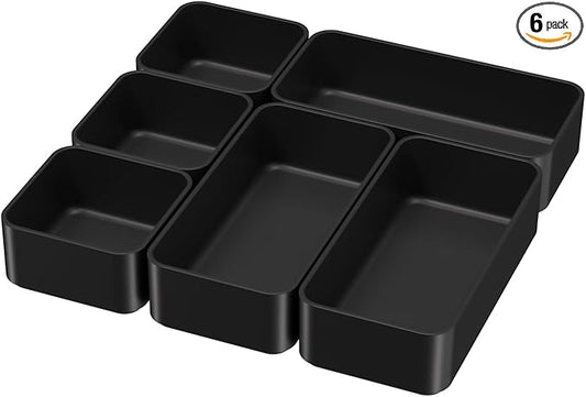 6 Pcs Stackable Drawer Organizer Set Desk Drawer Dividers, Bathroom Vanity Cosmetic Makeup Trays , Multipurpose Plastic Storage Bins for Jewelries, Kitchen Gadgets and Office Accessories, Black-NeatNest