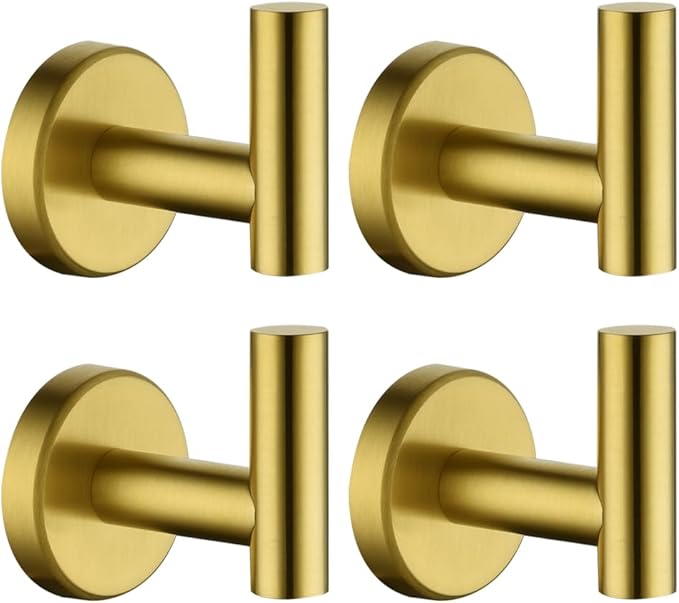 JQK Bathroom Towel Hook Brushed Gold, Brass Coat Robe Clothes Hook for Bathroom Kitchen Garage Wall Mounted (Pack of 4), SUS 304 Stainless Steel 0.8mm, TH100-BG-P4-NeatNest