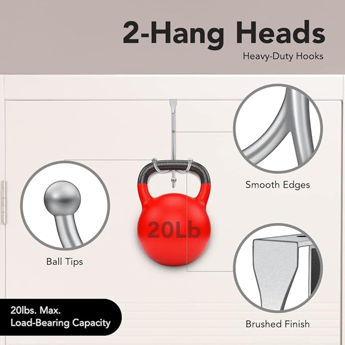 2-Pack Over The Door Hooks - with 2 Hang Heads & Snug Fit Pads Heavy Duty Hook for Hanging Coats, Towels, Caps & Robes - Elegant Matt Finish - No Drill Hanger Organizer - Silver