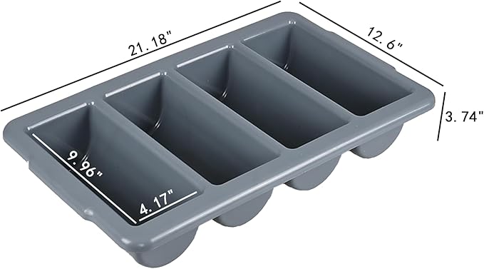4 Pack Plastic Commercial Cutlery Tray, 4-Compartment Silverware Organizer Bin, Grey