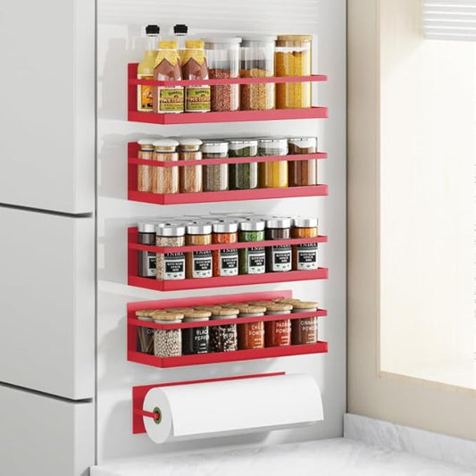 Royali Spice Rack for Refrigerator - Magnetic Fridge Shelf, Kitchen Spice Organizer, Space Saving, Red, 4 Pack With Magnetic Paper Towel Holder