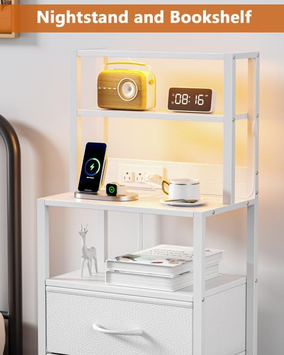 Furnulem Night Stand, Bedside Nightstand with 4-Tier Shelves and 3 Fabric Drawers, LED Bed Side Tables with Charging Station, Tall Bedside Table for Bedroom, Hallway, Office,White