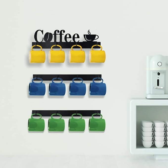 Coffee Mug Holder Wall Mount With 12 Hooks, 3 Packs Metal Mug Rack With Tea Sign, Cup Hanger for Bar Kitchen Organizer Display, Corner Nook Decor, Black-NeatNest