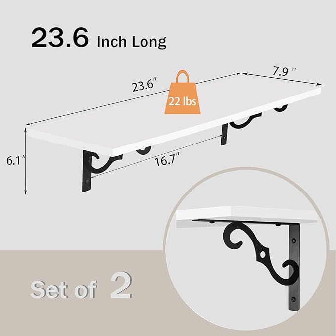 DINZI LVJ Long Wall Shelves, 23.6 Inch Large Floating Shelves Set of 2, Wide Display Shelf Wall Mounted with Brackets, Easy Hanging for Living Room, Toilet, Office, Bedroom, White-NeatNest