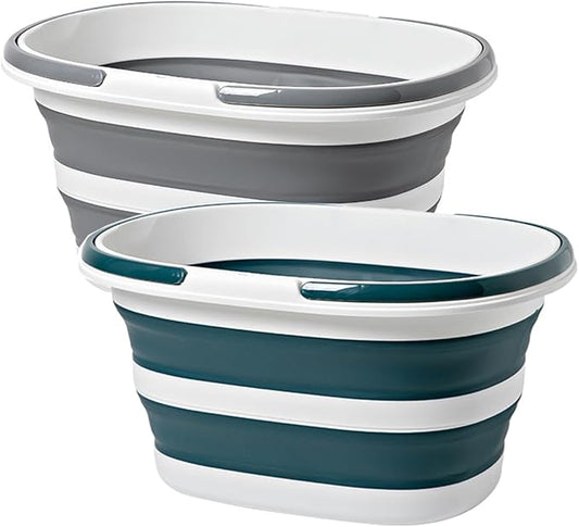 Large Plastic Cleaning Supplies Caddy Bucket with Handles, Portable Cleaning Tool Storage Tote Pop Up Mop Bucket for Dorm and Bedroom, Collapsible Plastic Bucket for Fishing, Garden (Grey+Blue)-NeatNest