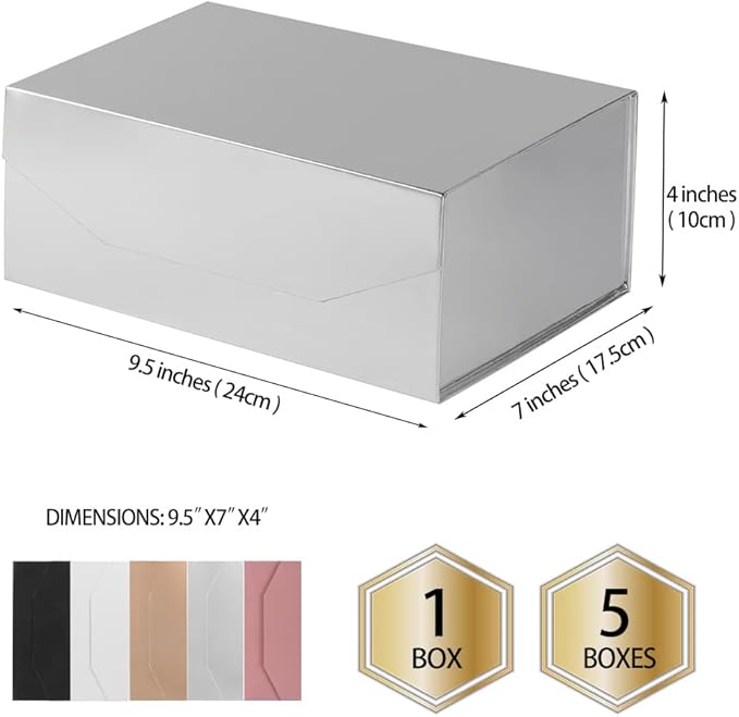 1PCS Silver Gift Box 9.5x7x4 Inches, Sturdy Gift Box with Lid for Gift Packaging, Foldable Magnetic Closure Storage Boxes, Bridesmaid proposal box, Rectangle Collapsible Box-NeatNest