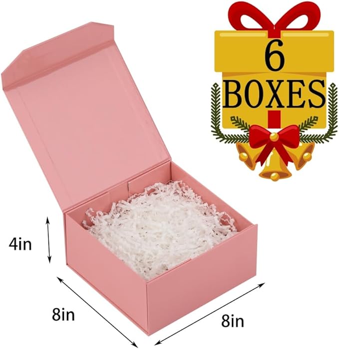 6 Pcs 8x8x4 Inch Pink Magnetic Gift Box Small Magnetic Box with Crinkle Paper Pink Small Gift Box with Shredded Paper Luxury Gift Boxes with Lids for Presents-NeatNest