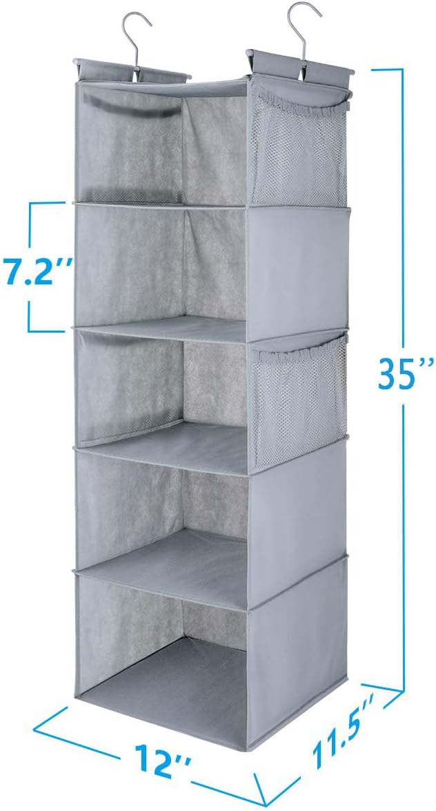 MAX Houser 5 Shelf Hanging Closet Organizer,Space Saver, Closet Hanging Shelves with (4) Side Pockets,Foldable,Light Grey-NeatNest
