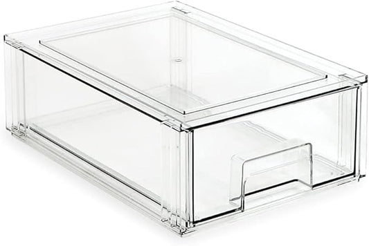 Isaac Jacobs Medium Stackable Organizer Drawer (12.5” x 8.3” x 4.1”), Clear Plastic Storage Box, Pull-Out Bin, Home, Office, Closet & Shoe Organization, BPA-Free, Food/Fridge/Freezer Safe (Medium)