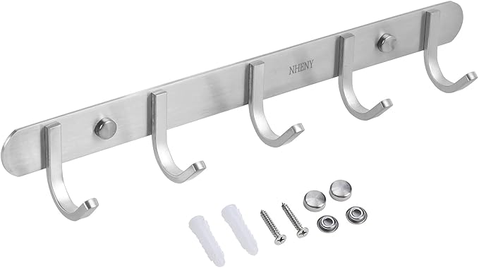 Coat Hook Rack Hanger –Towel Hook Rail with 5 Hooks 13-Inch Wall Mounted for Bedroom, Bathroom, Hallway, Garage, Garden, Office, 304 Stainless Steel Brushed Nickel, Easy Installation (Silver)-NeatNest