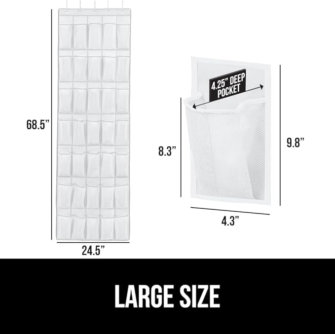 GORILLA GRIP Over the Door Shoe Organizer, 35 Large Breathable Mesh Pockets, Space Saving Hanging Storage Holder, 5 Hook Closet Rack Hanger, Hangs on Closets for Shoes, Accessories 68.5H x 24.5W White-NeatNest
