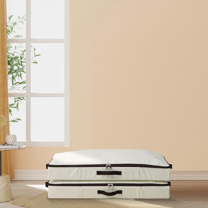 AMJ 4" Foldable Underbed Storage Closet Organizers and storage bins, Under Bed Garment Storage Bins, Folding & Washable, Soft Zip Lid, Beige-NeatNest
