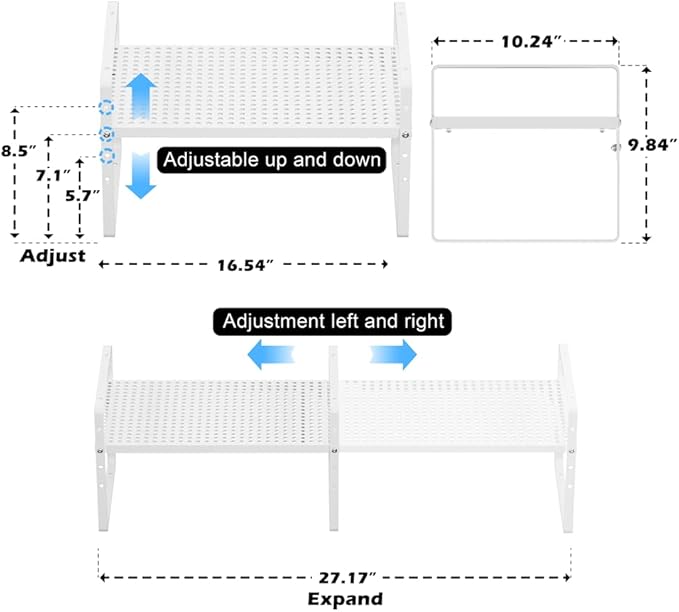 Expandable Counter Organizer Shelf (16.5'' to 27.2''), Countertop Organizer Kitchen Bathroom Pantry Cupboard Home Office for Cups, Dishes, Plates -White-NeatNest