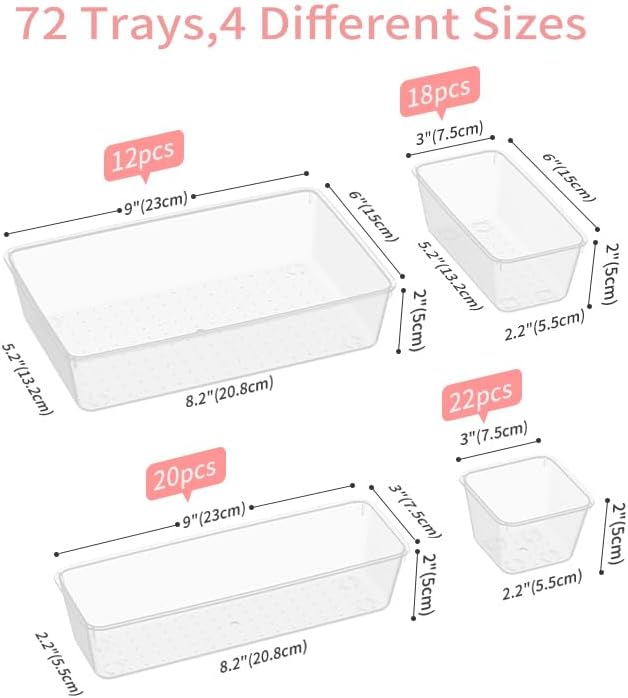 72 PCS Plastic Drawer Organizer Set, 4-Size Clear Bathroom and Vanity Desk Drawer Organizer Trays, Non-Slip Versatile Storage Divider Bins for Makeup Jewelry Bedroom Office Kitchen Gadgets-NeatNest