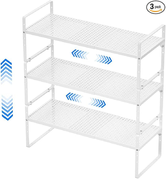 Expandable Cabinet Shelf Rack, Large Kitchen Cupboard Organizer Stackable Cabinet Pantry Shelf, Organization and Storage for Kitchen Bathroom, Metal Plate, White, 3 pack-NeatNest