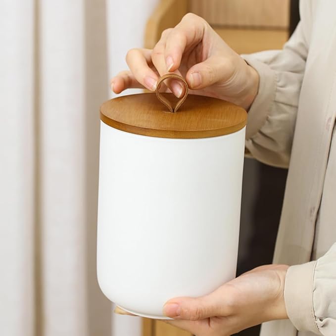 Ceramic Storage Jars, Modern Elegant Highly Polished Airtight Gorgeous Storage Canisters with Wooden Lid Small Food Stroage Jar for Kitchen Spice Tea Vanilla Sugar Coffee Beans (White tuba)-NeatNest