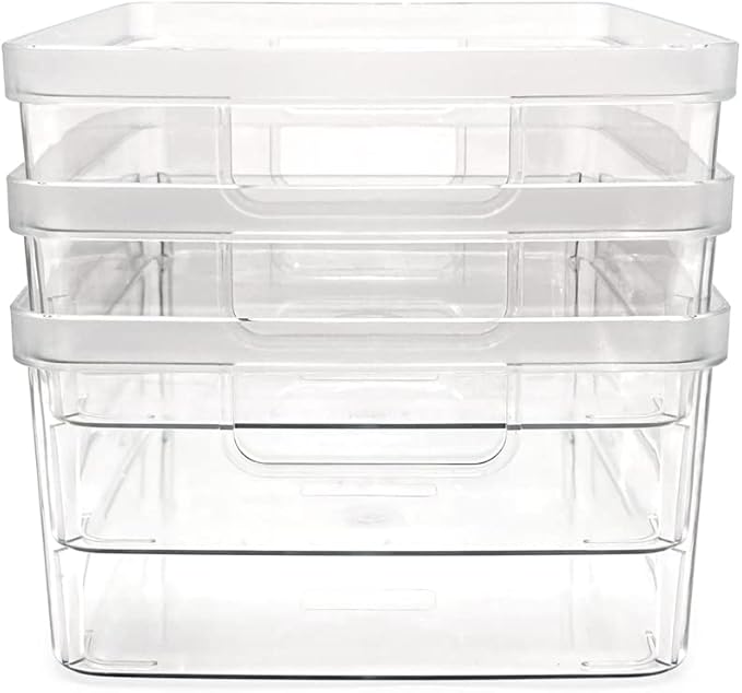 Isaac Jacobs 3-Pack Medium Clear Storage Bins (8” L x 10” W x 4.25” H) w/Cutout Handles, Plastic Organizer for Home, Office, Kitchen, Fridge/Freezer, Bathroom, BPA Free, Food Safe (3-Pack, Medium)
