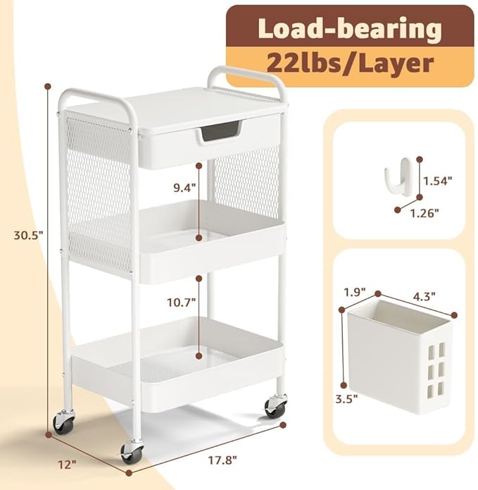3 Tier Rolling Cart with Drawer, Metal Rolling Utility Cart on Wheels with Pegboard, Art Cart Storage Organizer with Tabletop for Living Room, Office, Bedroom (White)-NeatNest