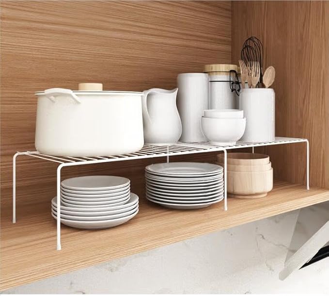 iPEGTOP Set of 2 Expandable Kitchen Cupboard Organiser, 4-Piece Adjustable Freezer Cabinet Storage Wire Shelf Rack Rustproof Metal Shelves Space Saver for Countertop Pantry Drawer Utensils (White)-NeatNest