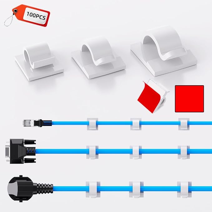 100 PCS White Adhesive Cable Clips Cord Organizer (Small, Medium,Large),Wire Holder for Cable Management, Outdoor Light Clips Light Hooks for LED String,Car Dash Cam, Extension Cord (White)-NeatNest