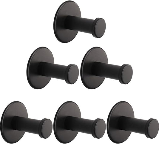 Bath Towel Hooks, 6 Pack Self Adhesive Coat Hooks, Sturdy No Drilling Robe Hook, SUS 304 Stainless Steel Heavy Duty Clothes Hanger, Wall Hooks for Bathroom Bedroom Kitchen (2 in, Black)