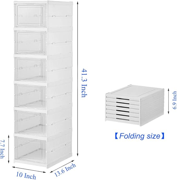 Shoe Rack Shoe Storage Box Bins Clear Collapsible Plastic Installation-Free Size up to 14, Stackable Foldable Tote with Lids Organizing Dustproof 6-Tiers-NeatNest