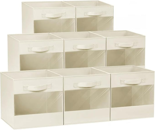 DIMJ Cube Organizer Bins, Transparent Storage Cubes, 11 Inch Cube Storage Bins, Storage Bins with Handles, Closet Bins for Bedroom, Living Room, Baby's Room, Dormitory (8 Pack, Beige)-NeatNest