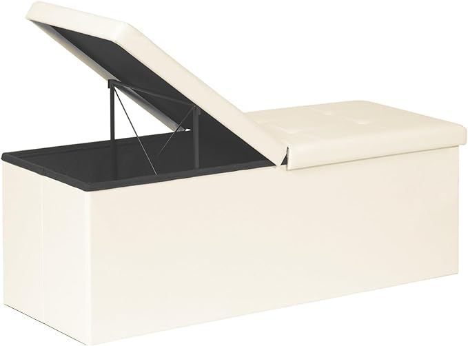 B FSOBEIIALEO Storage Ottoman with Filpping Lids, Ottoman Storage Bench Footrest Seat, Storage Chest Faux Leather 43.3"x15"x15" (White)