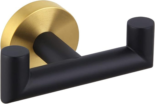 APLusee Black Gold Double Towel Hook, Stainless Steel Robe Hook for Bathroom, Wall Mounted