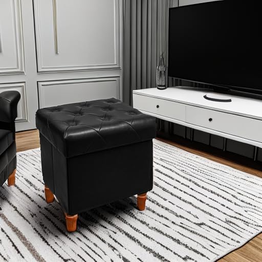 CAROLMADE Folding Storage Ottoman Cube PU Leather Footstool with Wood Legs Ottoman Footrest for Living Room and Bedroom Black, 15x12.6 x 15.4”-NeatNest