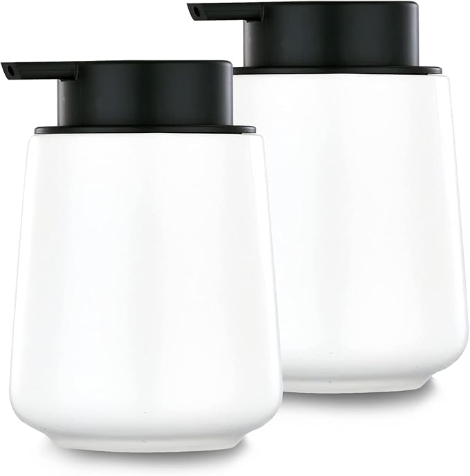 12Oz White Soap Dispenser Set - Ceramic Lotion Hand Soap Dispenser Set with Easy-to-Press Black Pump, Refillable Mordern Liquid Dish Soap Dispensers for Bathroom & Kitchen, 2 Pack-NeatNest