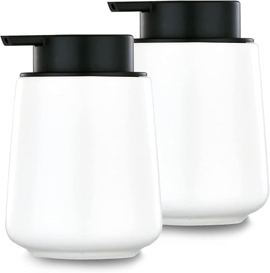 12Oz White Soap Dispenser Set - Ceramic Lotion Hand Soap Dispenser Set with Easy-to-Press Black Pump, Refillable Mordern Liquid Dish Soap Dispensers for Bathroom & Kitchen, 2 Pack-NeatNest