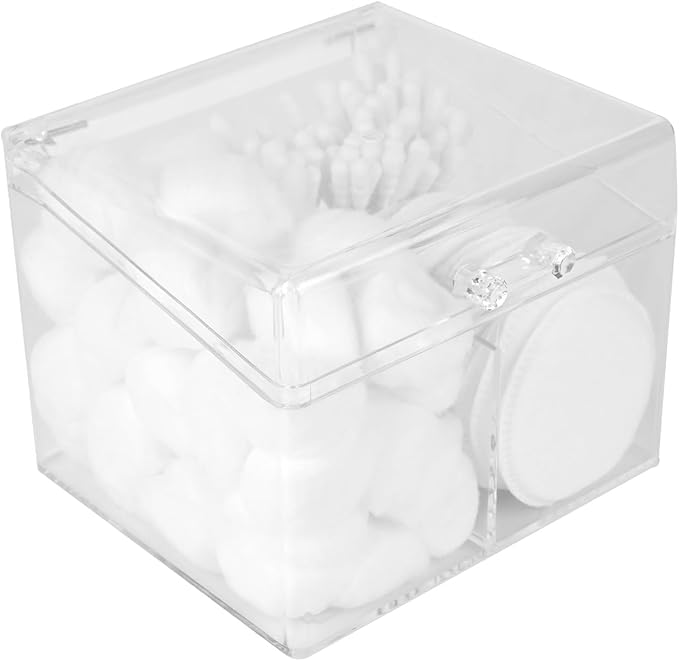 Cotton Swab Holder Dispenser with Lid, Square Plastic Box with 2 Compartments for Cotton Ball, Cotton Pads, Floss, Clear Container for Vanity Bathroom Organizer Storage-NeatNest