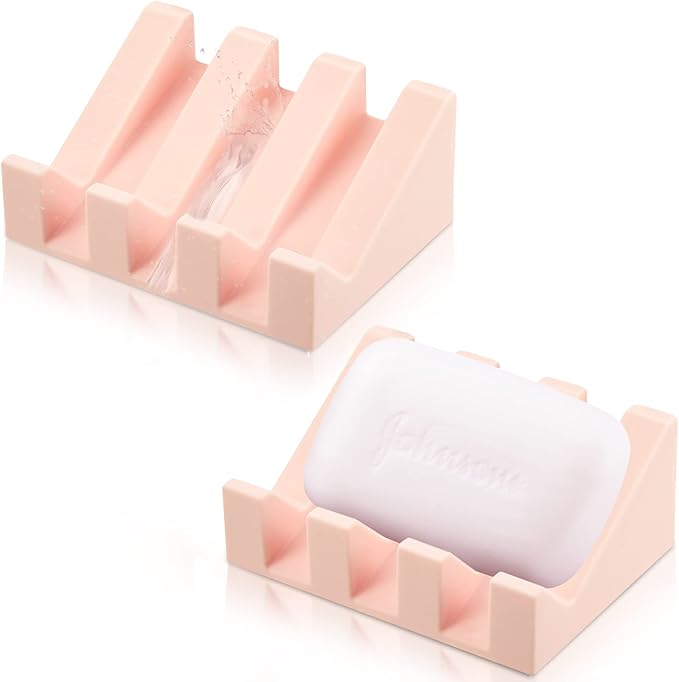 Cunhill 2 Pieces Silicone Soap Dish Self Draining Soap Dish Shower Waterfall Bar Soap Holder Tray with Drain Soap Saver for Kitchen Bathroom Accessories (Light Pink)-NeatNest