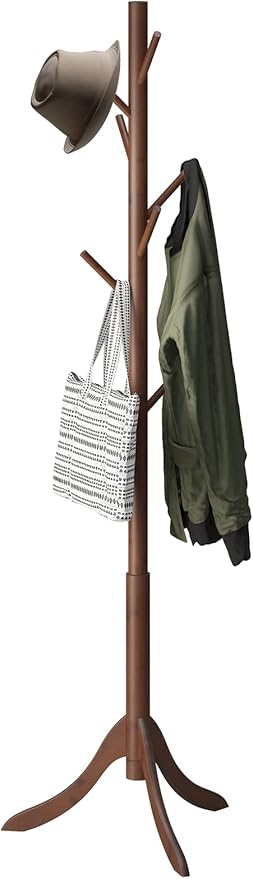 Bamboo Wood Coat Rack Stand, Freestanding Coat Tree with 8 Hooks, Hallway Entryway Hat Hanger Organizer Standing for Bedroom, Office, Clothes, Jackets, Bags, Umbrallas-NeatNest