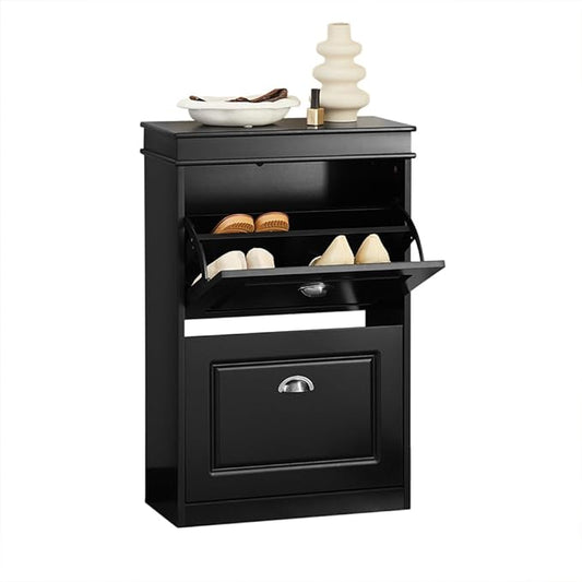 Haotian Small Shoe Cabinet, Black 2 Flip Drawers Freestanding Shoe Rack, Shoe Storage Cupboard Organizer (9.45" D x 20.87" W x 32.28" H), FSR78-SCH-NeatNest