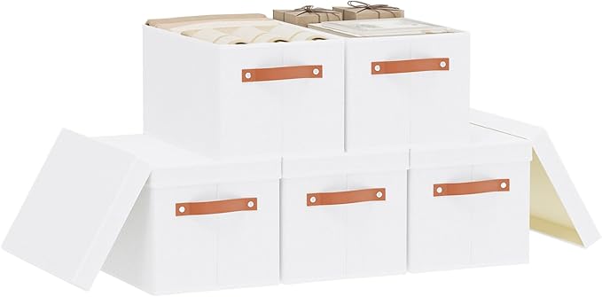 Fabric Storage Bins, Clothes Boxes for Shelves with Lids, Baskets for Organizing with Handles, Decorative Linen Closet Organizers, White, 5 Pack, 15 x 9.8 x 8.3 Inch-NeatNest