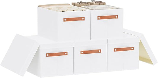 Fabric Storage Bins, Clothes Boxes for Shelves with Lids, Baskets for Organizing with Handles, Decorative Linen Closet Organizers, White, 5 Pack, 15 x 9.8 x 8.3 Inch-NeatNest