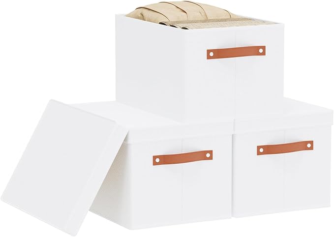 Fabric Storage Bins, Clothes Boxes for Shelves with Lids, 3 Pack Baskets for Organizing with Handles, Decorative Linen Closet Organizers, White, 16.5 x 11.8 x 10.2 Inch-NeatNest