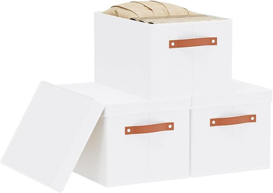 Fabric Storage Bins, Clothes Boxes for Shelves with Lids, 3 Pack Baskets for Organizing with Handles, Decorative Linen Closet Organizers, White, 16.5 x 11.8 x 10.2 Inch-NeatNest